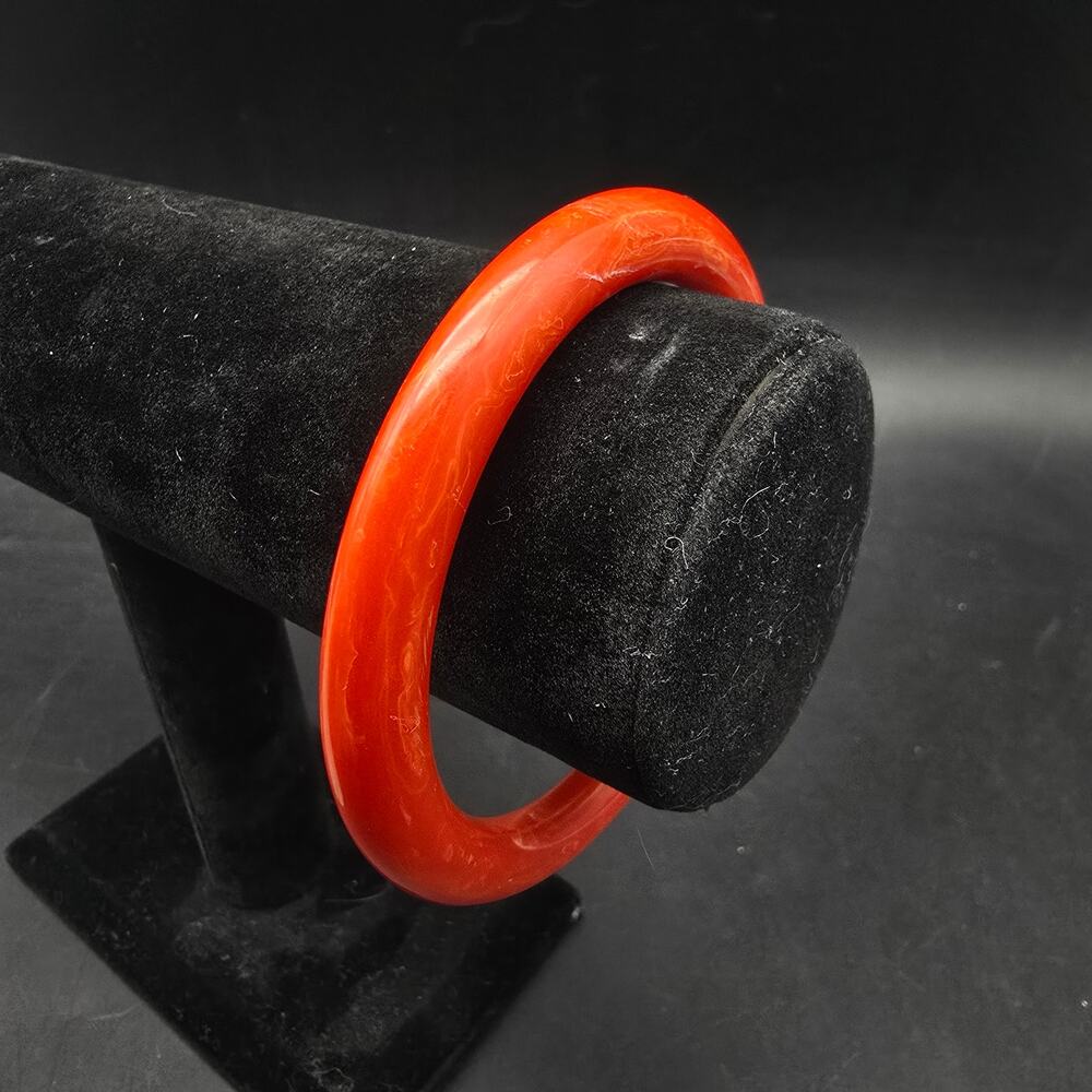 Orange Red Marbled Bakelite Bangle Bracelet Vintage Plastic Jewelry